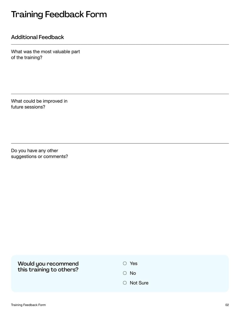Training Feedback Form for gathering participant insights on training effectiveness and areas for improvement