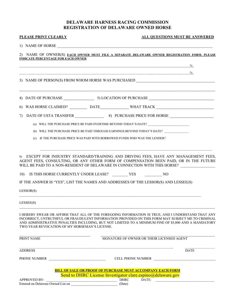 Large thumbnail of Delaware Harness Racing Commission Registration of Delaware Owned Horse
