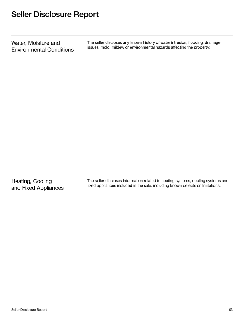 Seller Disclosure Report document with narrative sections for property condition, systems, repairs, legal matters and seller declaration