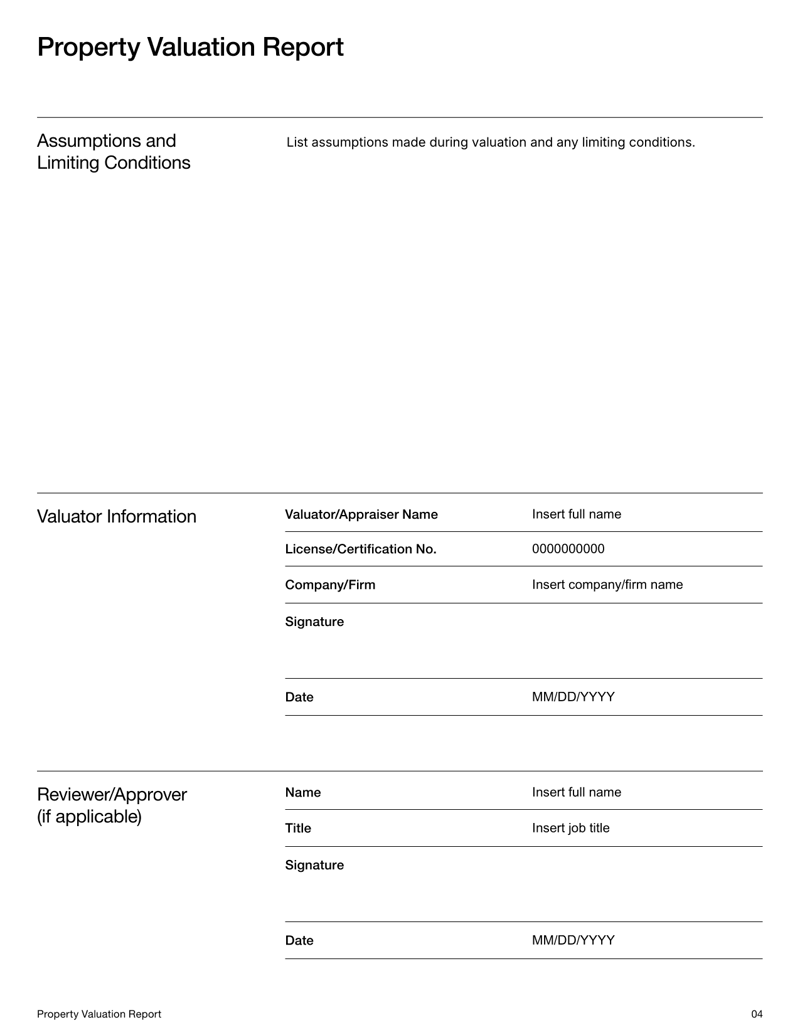 Property Valuation Report template with sections for property details, market context, valuation methods and value conclusion