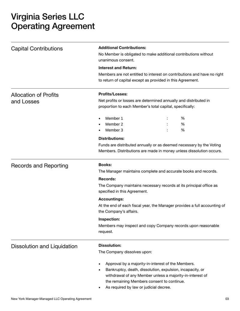 Virginia Series LLC Operating Agreement outlining structure and management of a Virginia Series LLC
