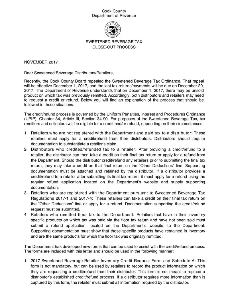 Large thumbnail of Sweetened Beverage Tax Close Out Process Forms and Schedules - Nov 2017