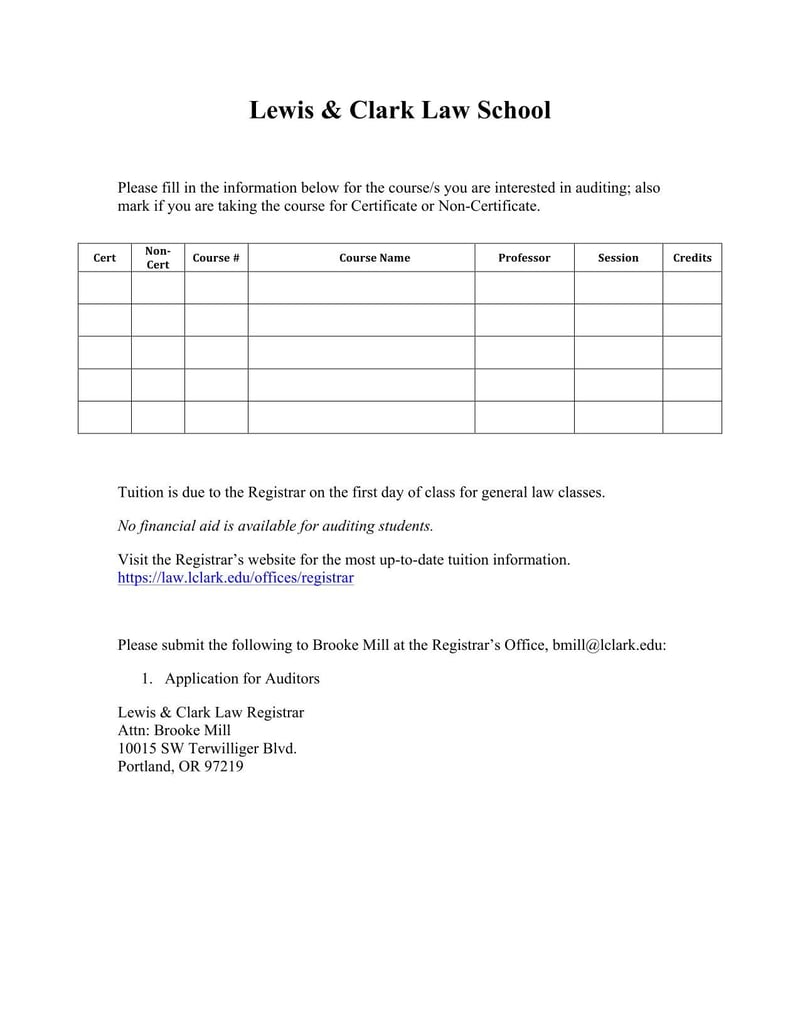 Large thumbnail of Application for Auditors Lewis & Clark Law School