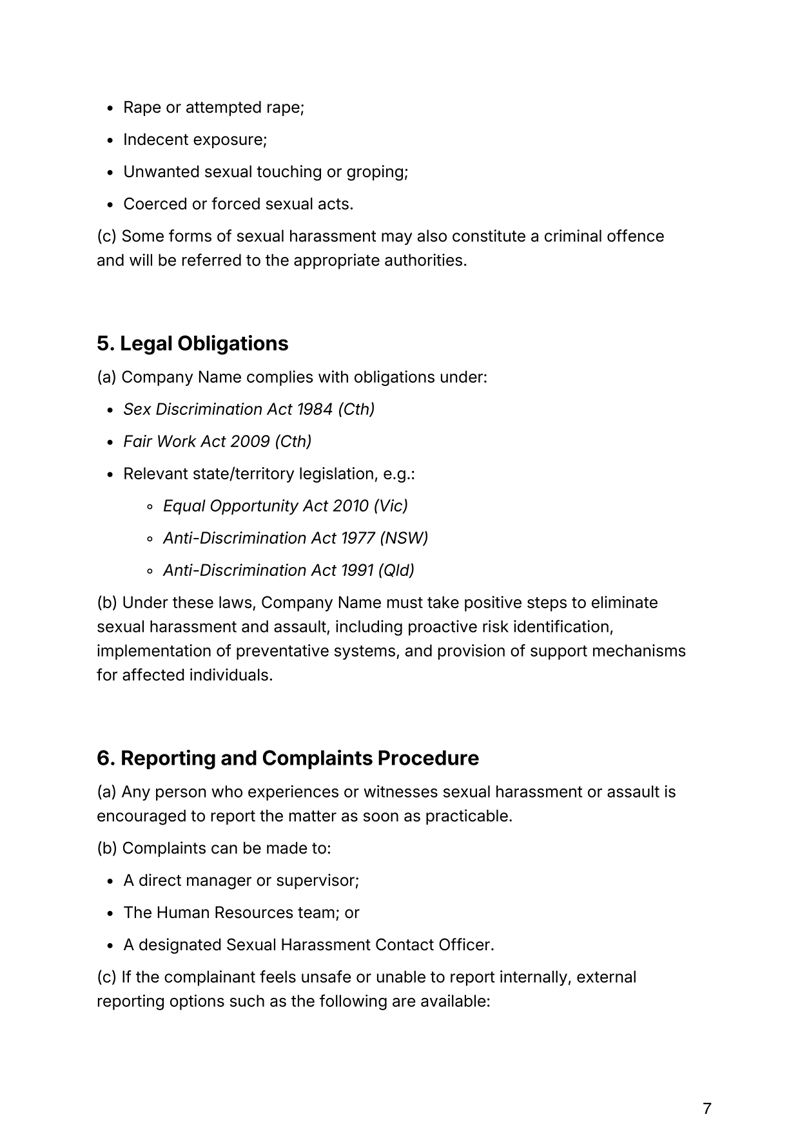Workplace Sexual Harassment and Assault Policy for Australian organizations addressing compliance, reporting and zero-tolerance standards
