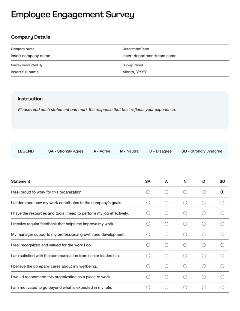 Employee Engagement Survey table with rating options for statements on recognition, communication, leadership, wellbeing and motivation