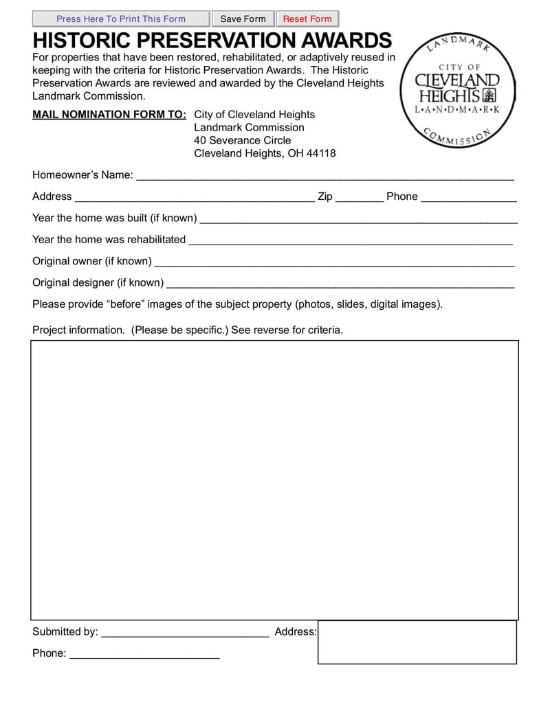 Thumbnail of Historic Preservation Awards Nomination Form - Jul 2015 - page 0