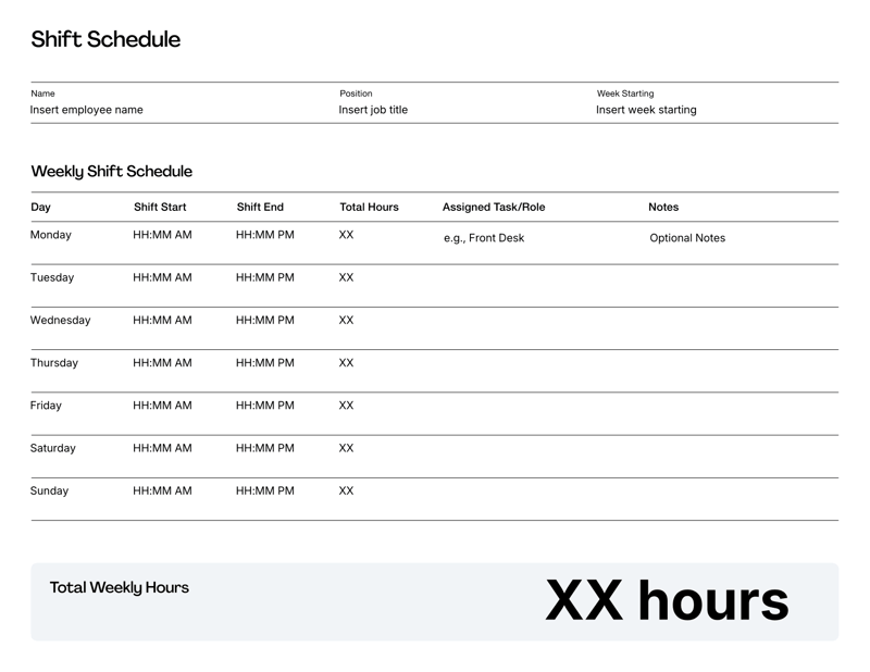 Shift Schedule Template for planning weekly employee shifts and work hours