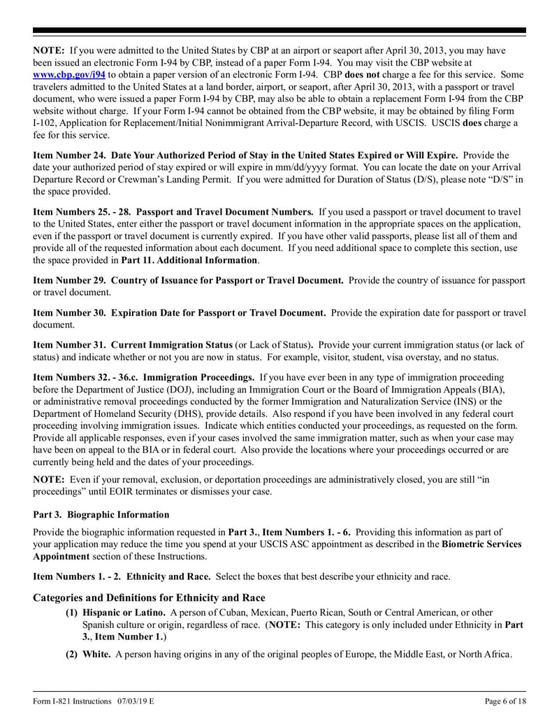 Large thumbnail of Instructions for Form I-821 - Jul 2019