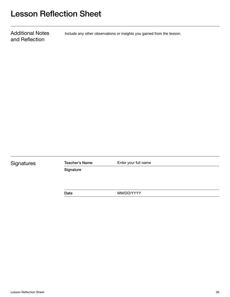 Lesson Reflection Sheet for teachers to evaluate daily lessons
