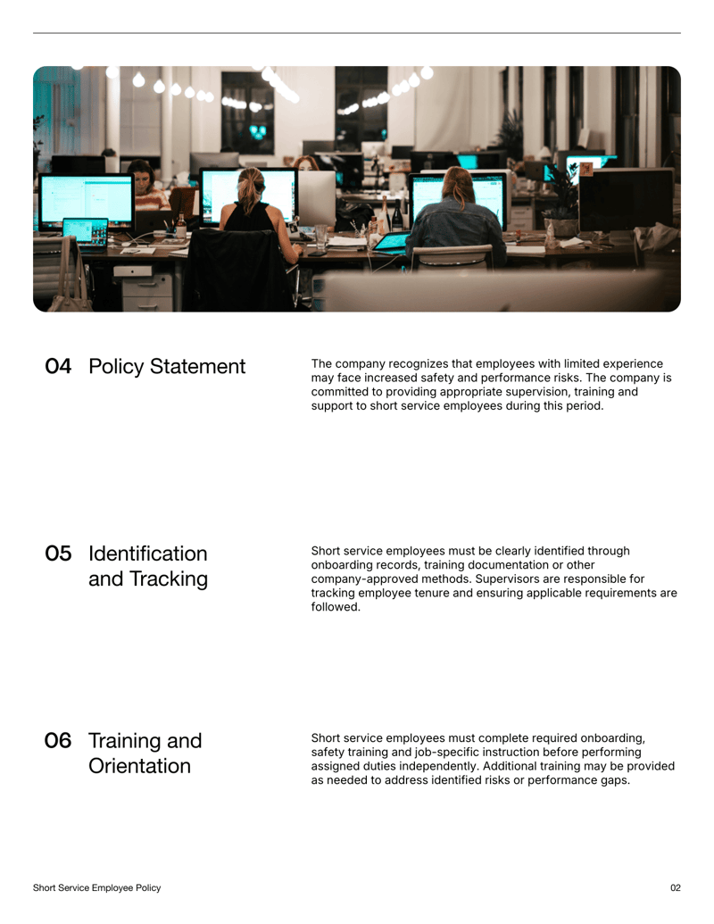Short Service Employee Policy outlining onboarding, supervision, training requirements and acknowledgment section