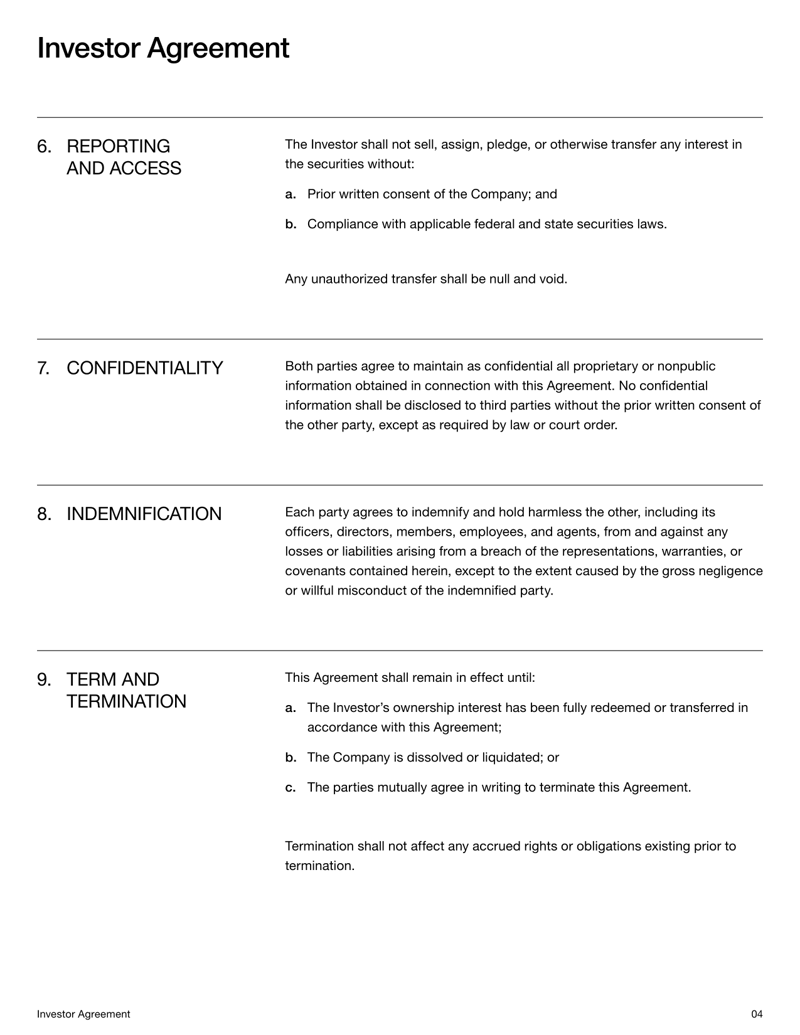 Investor Agreement template detailing investment terms, ownership rights and share transfer conditions