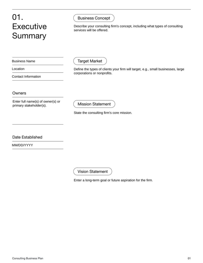 Consulting Business Plan Template for planning a consulting firm's services and operations