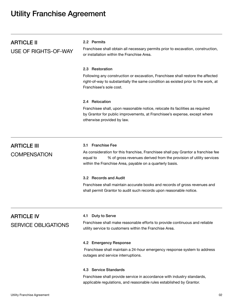 Utility Franchise Agreement detailing grantor–franchisee rights, franchise fees, service standards and dispute resolution