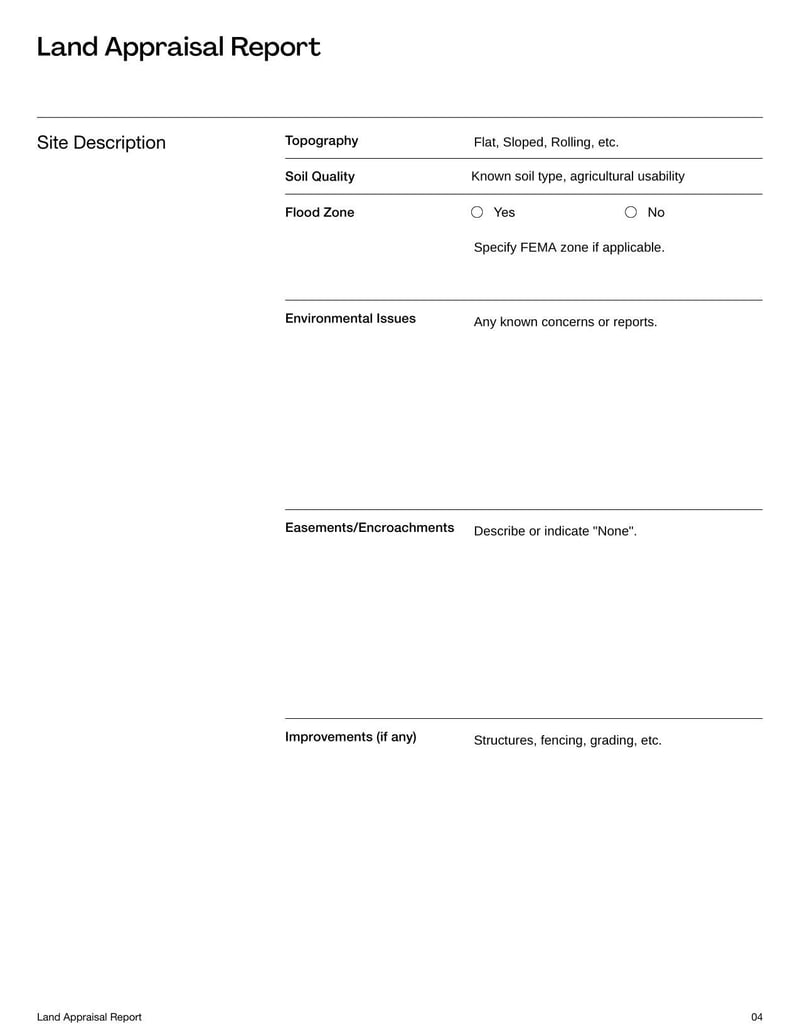 Land Appraisal Report Template helps assess the value of a land parcel for purchase, sale, or development decisions