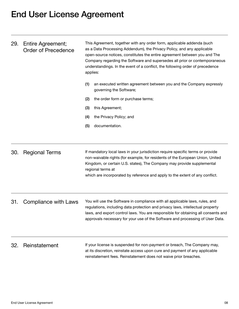 End User License Agreement setting software license terms, user rights and compliance obligations