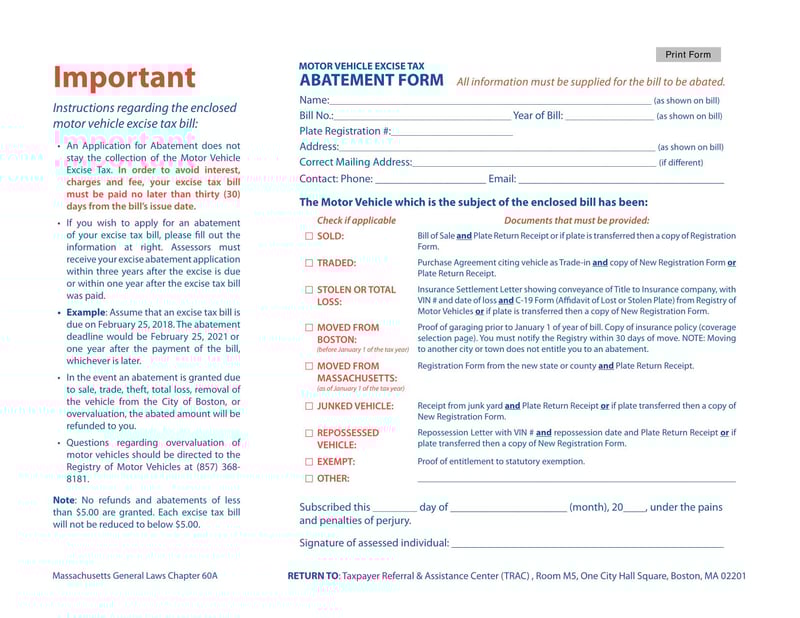 Large thumbnail of Boston Motor Vehicle Excise Tax Abatement Form