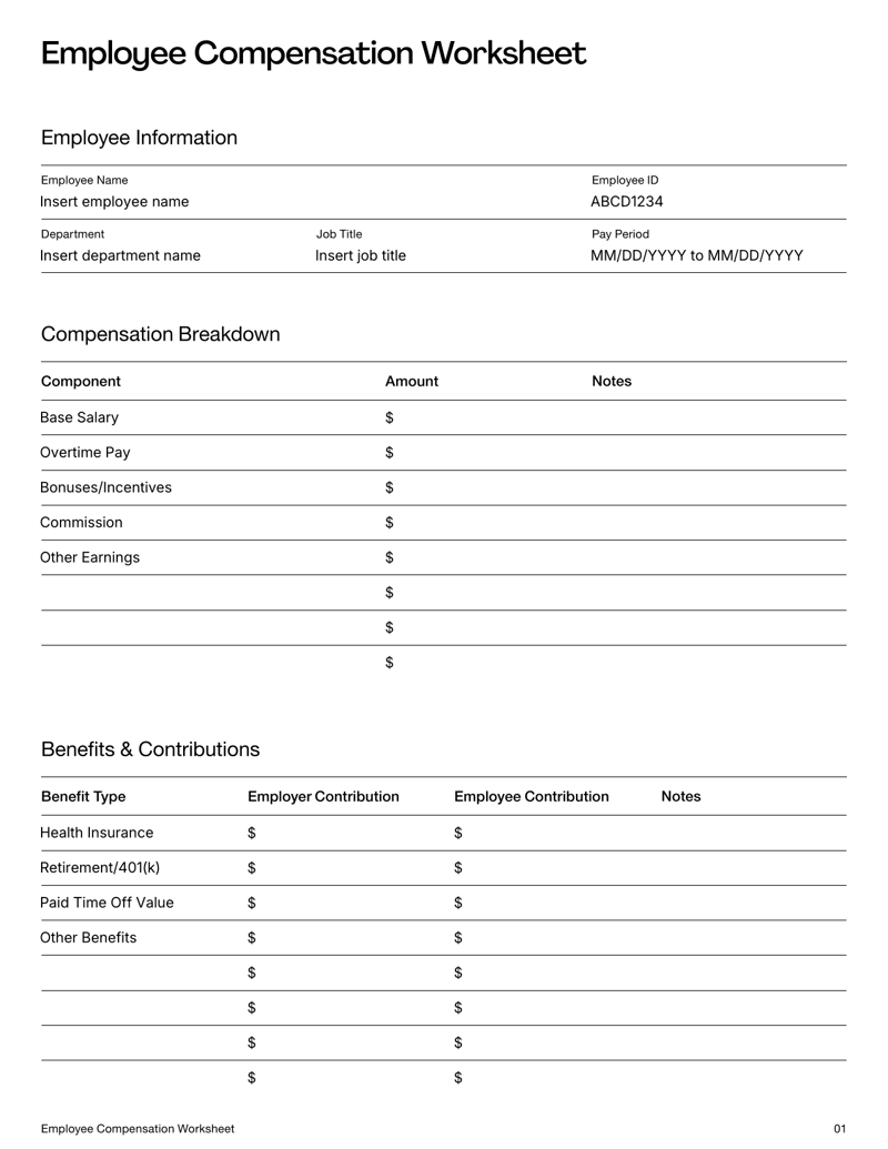 Employee Compensation Worksheet with sections for salary, benefits, deductions and net pay