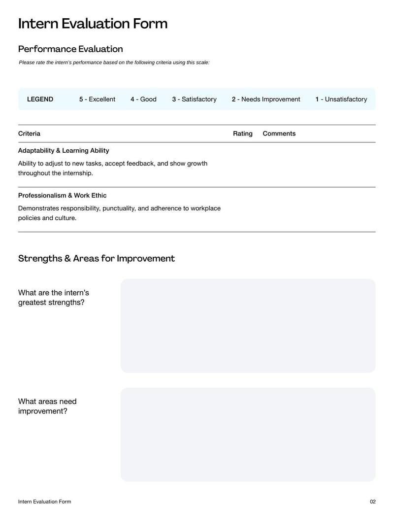 Intern Evaluation Form for assessing an intern’s performance, skills, and overall contribution