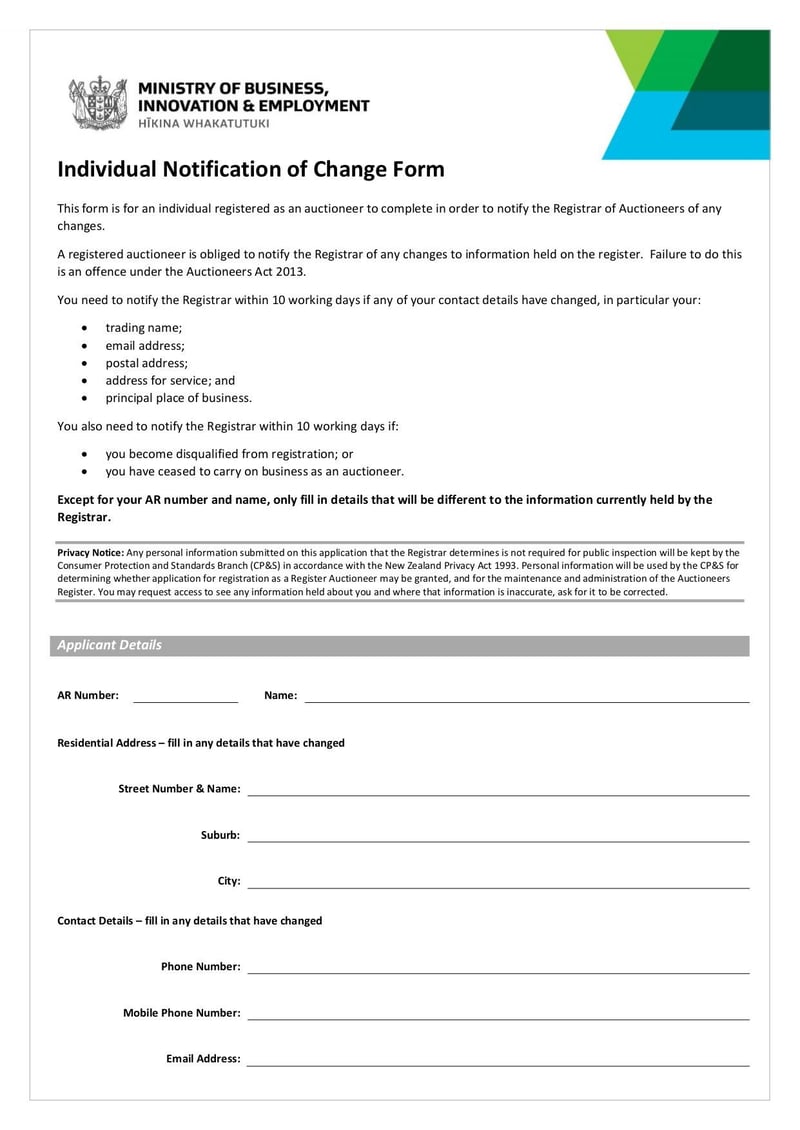 Large thumbnail of Individual Notification of Change Form - May 2019