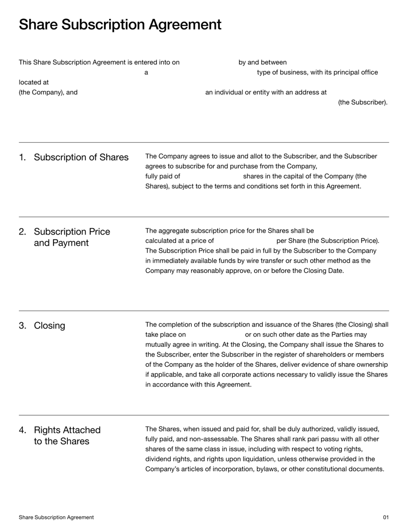 Share Subscription Agreement defining the issuance and purchase of shares, investment terms, investor rights, and compliance with US securities laws