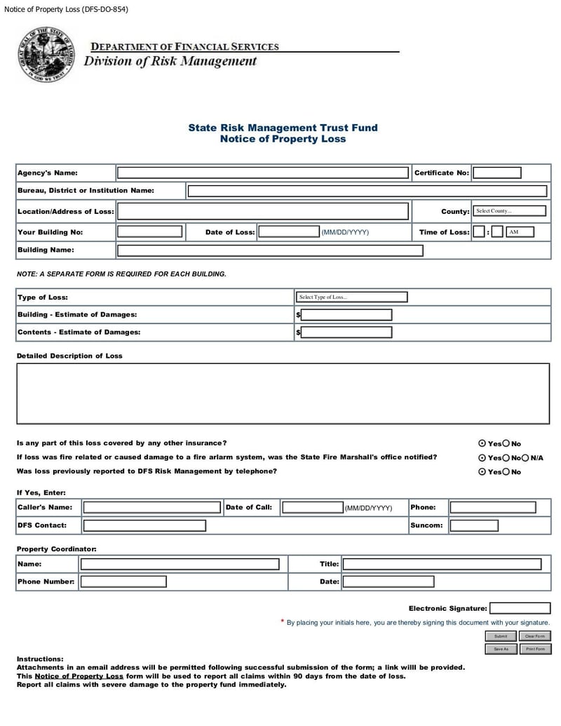 Large thumbnail of Notice of Property Loss (DFS-DO-854) - Jun 2013