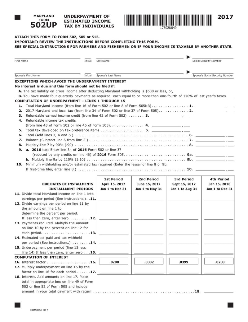Large thumbnail of Maryland Form 502UP - Underpayment of Estimated Income Tax - Dec 2017