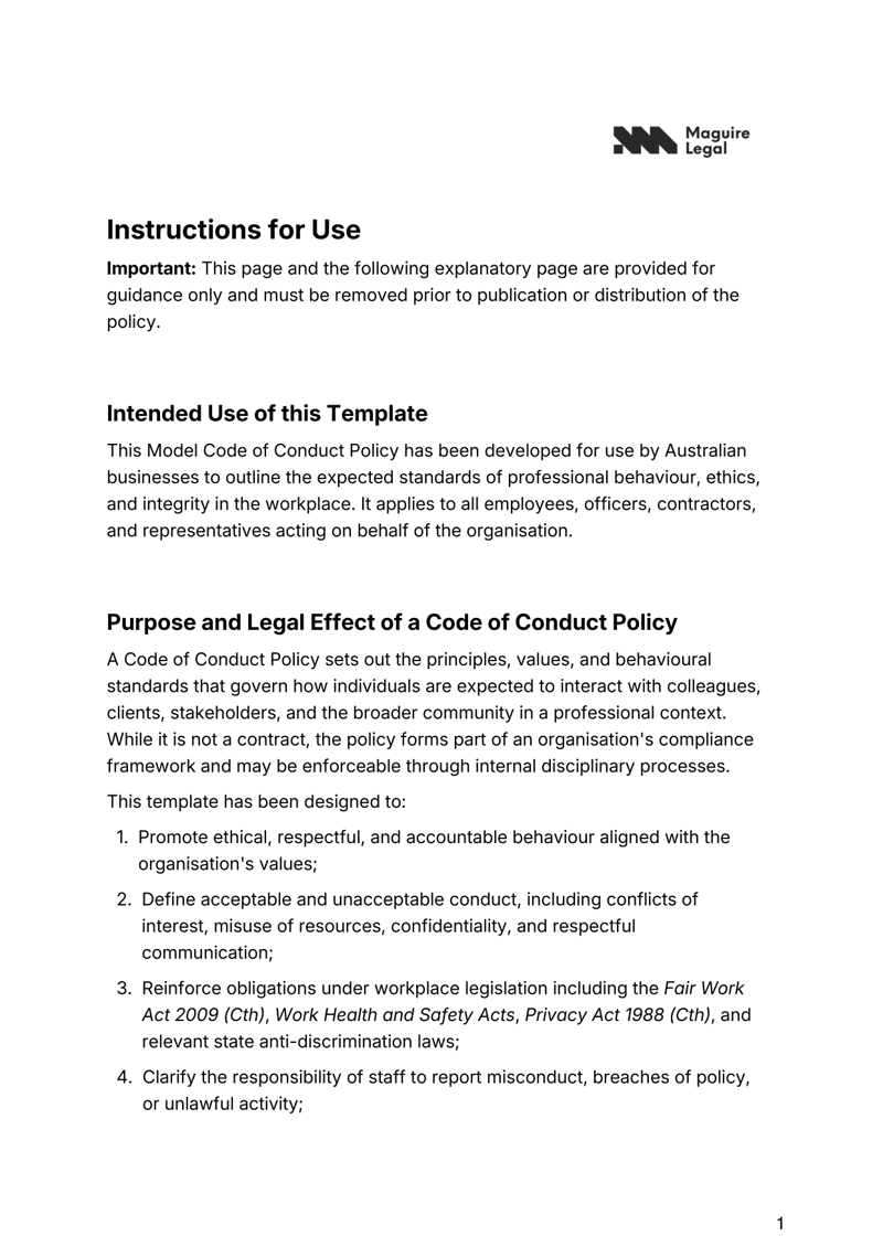Code of Conduct Policy for Australian workplaces covering ethics, compliance, confidentiality and disciplinary measures