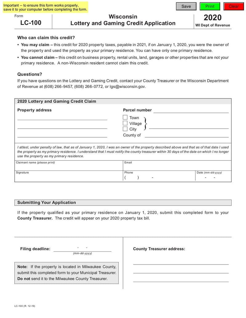 Large thumbnail of LC-100 Wisconsin Lottery and Gaming Credit Application - Dec 2019