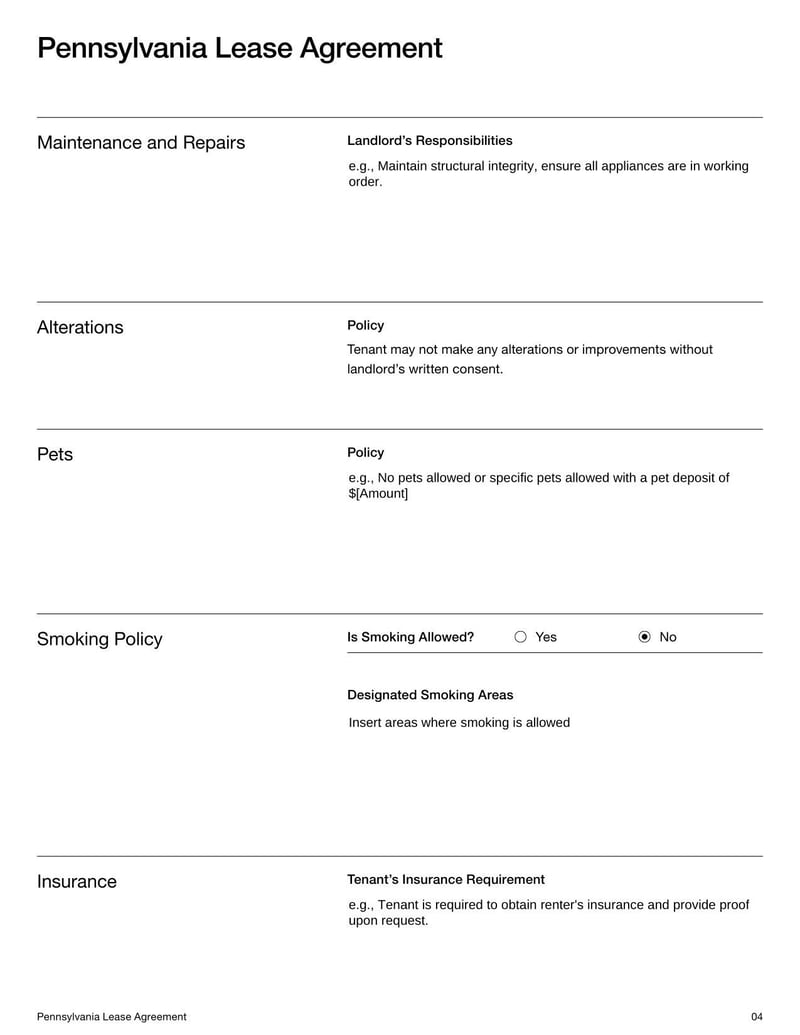 Pennsylvania Lease Agreement for rental terms in Pennsylvania