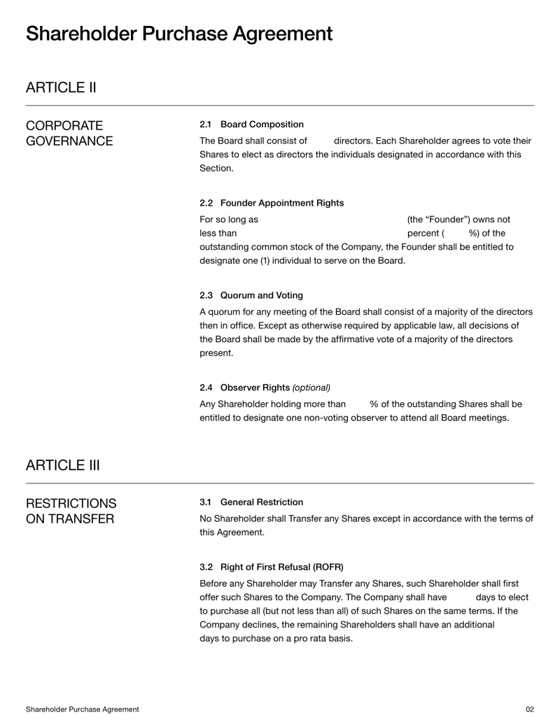 Startup Shareholder Agreement detailing shareholder rights, governance rules, ownership and dispute resolution