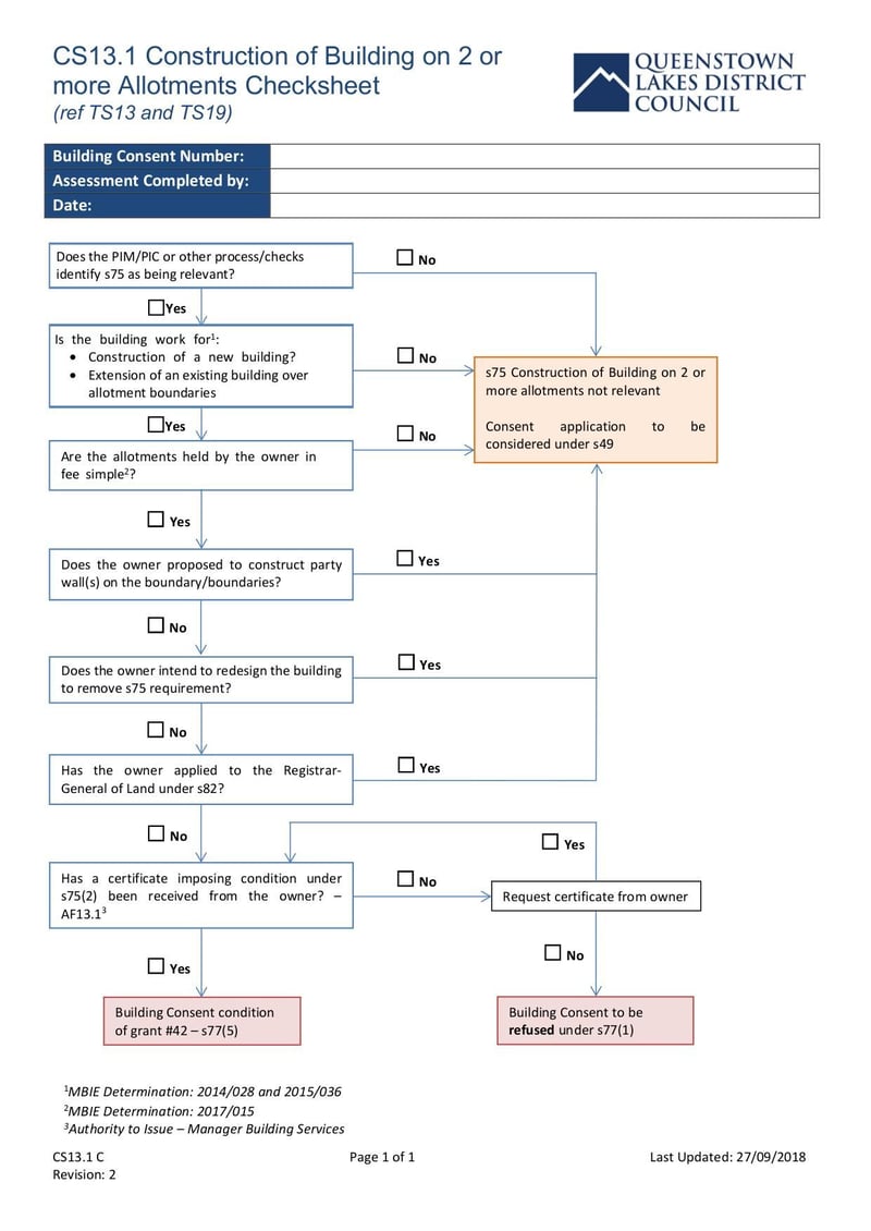 Large thumbnail of CS13.1 Construction of Building on 2 or More Allotments Checksheet Form - Sep 2018