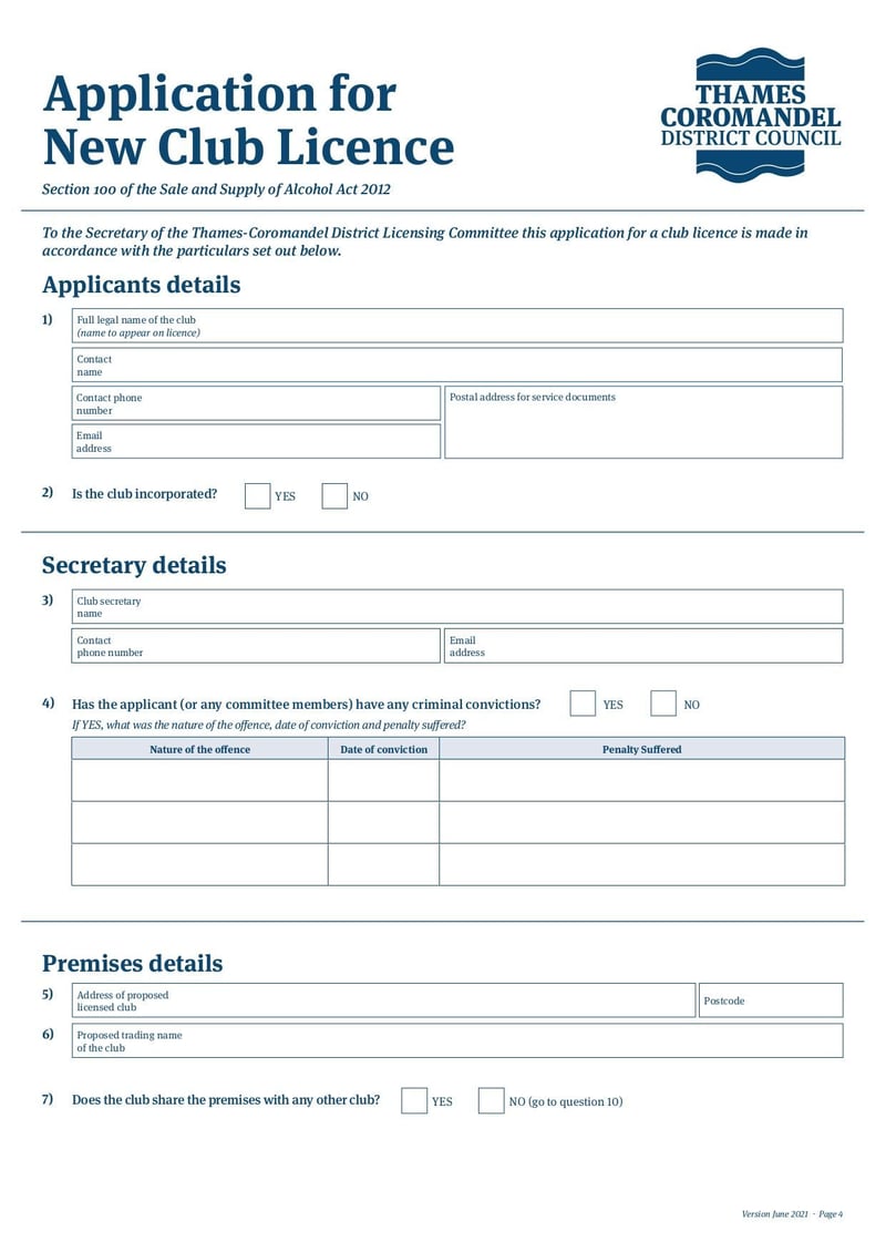Large thumbnail of New Club Licence Application Form - Jun 2021
