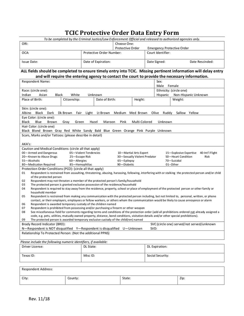 Large thumbnail of TCIC Protective Order Data Entry Form - Apr 2019