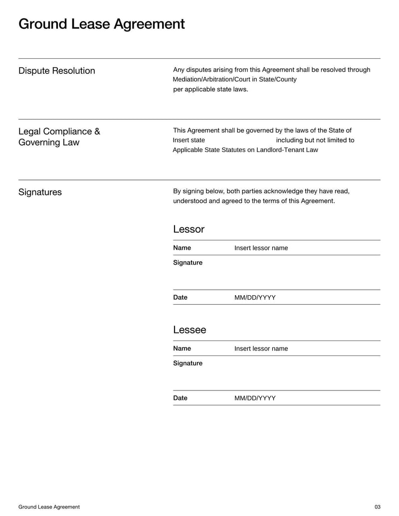 Ground Lease Agreement for leasing land while allowing the tenant to develop and use the property