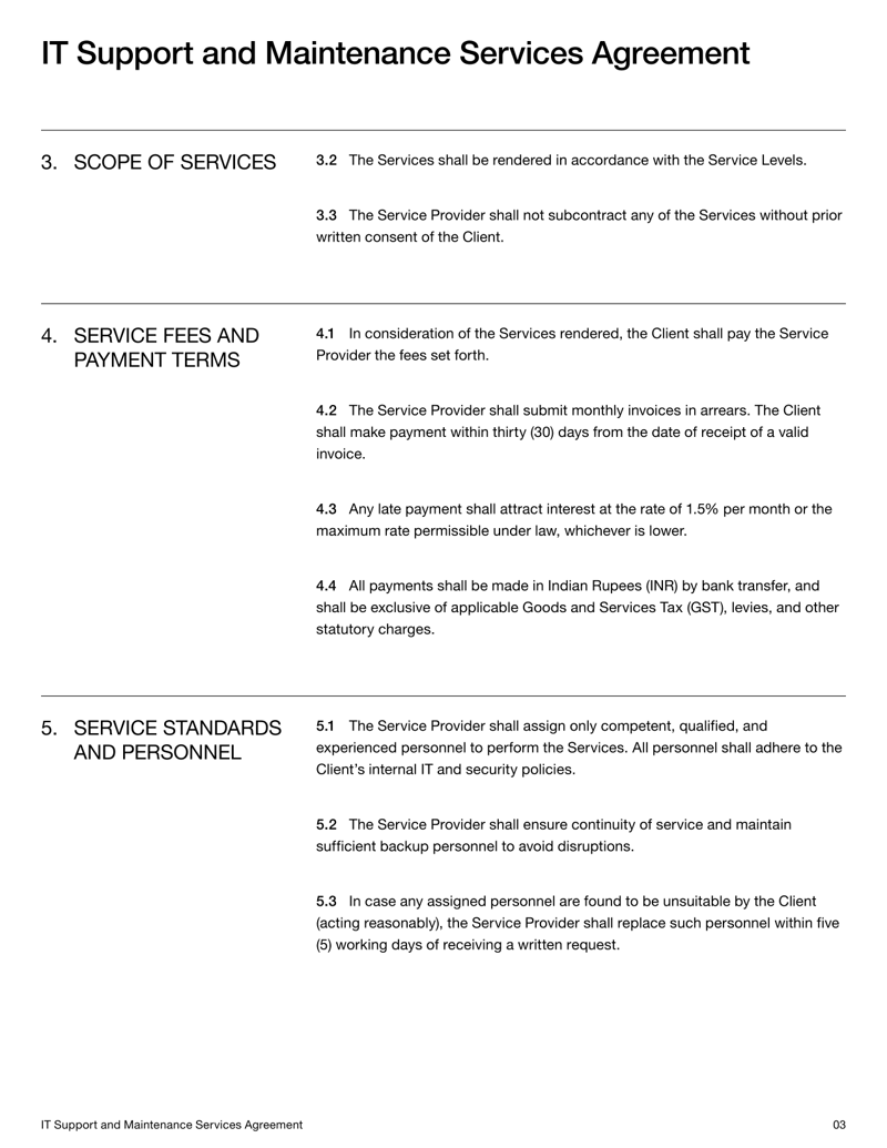 IT Support and Maintenance Services Agreement (India) with service terms, system upkeep details, and dispute resolution provisions