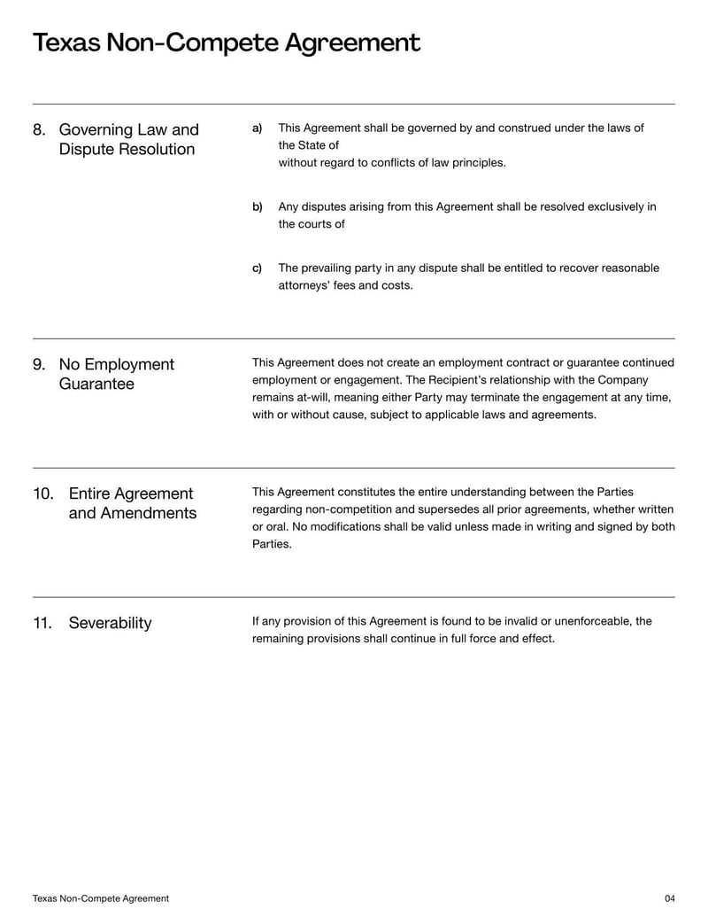 Non-Compete Agreement Texas for specifying employment restrictions on competitive work within the state’s legal limits