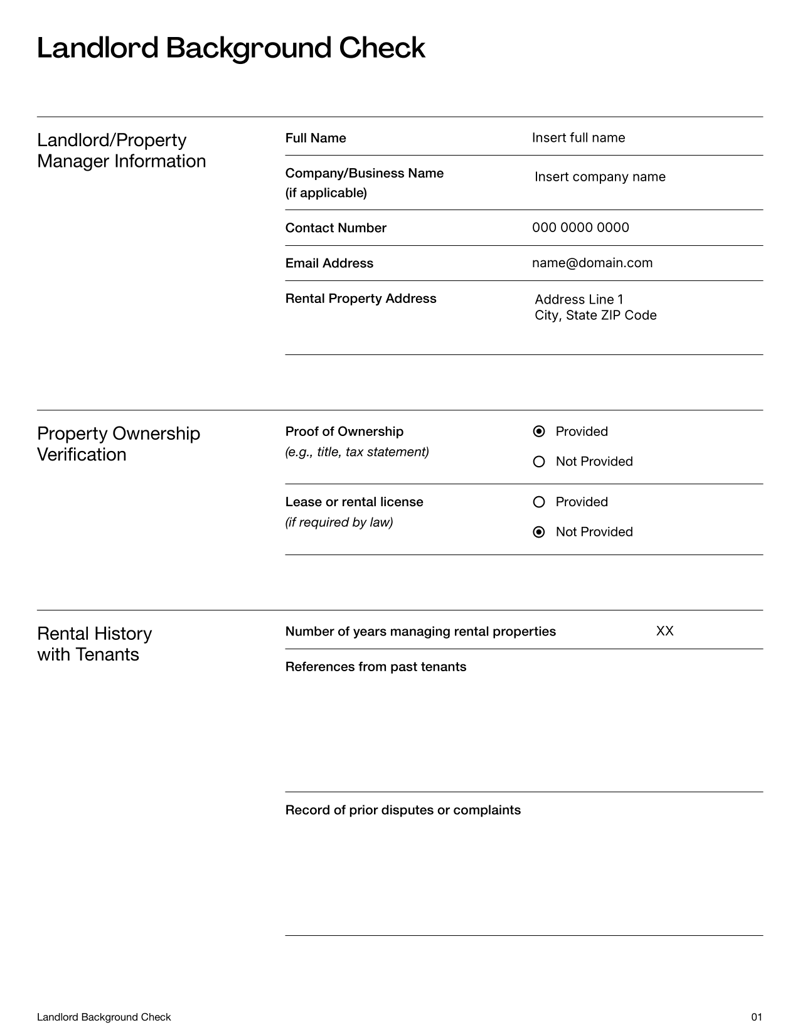 Landlord Background Check Form with sections for tenant details, landlord information and verification requests