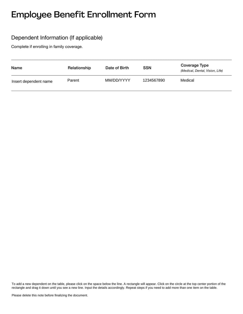 Employee Benefit Enrollment Form for employees to select and enroll in offered benefit programs