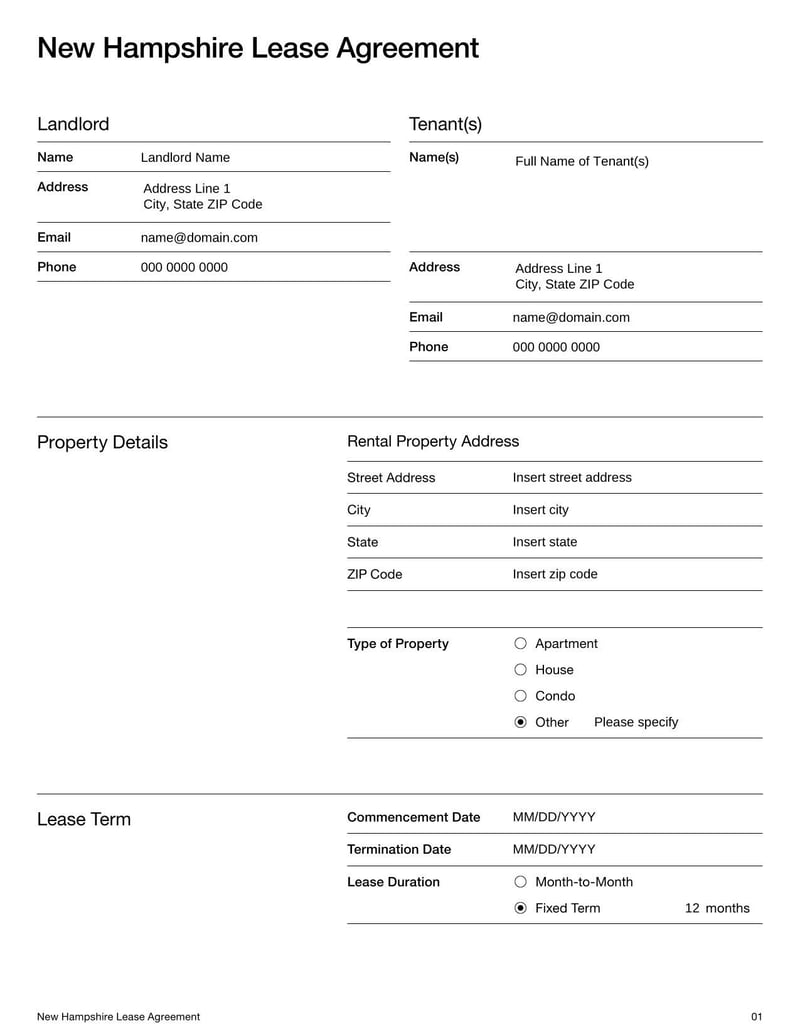 Large thumbnail of New Hampshire Lease Agreement Template