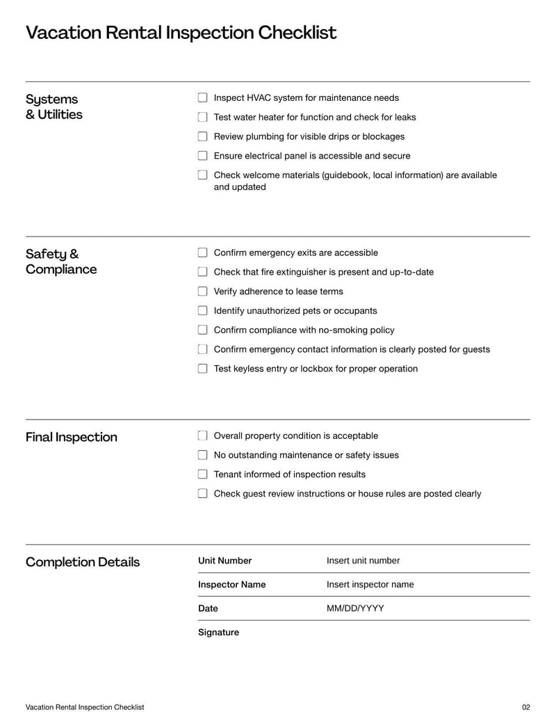Vacation Rental Inspection Checklist for checking property condition before and after guest stays