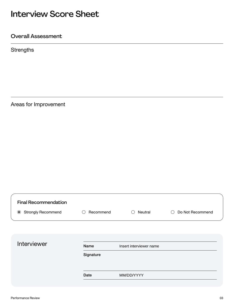 Interview Score Sheet for objectively evaluating candidate qualifications and interview performance