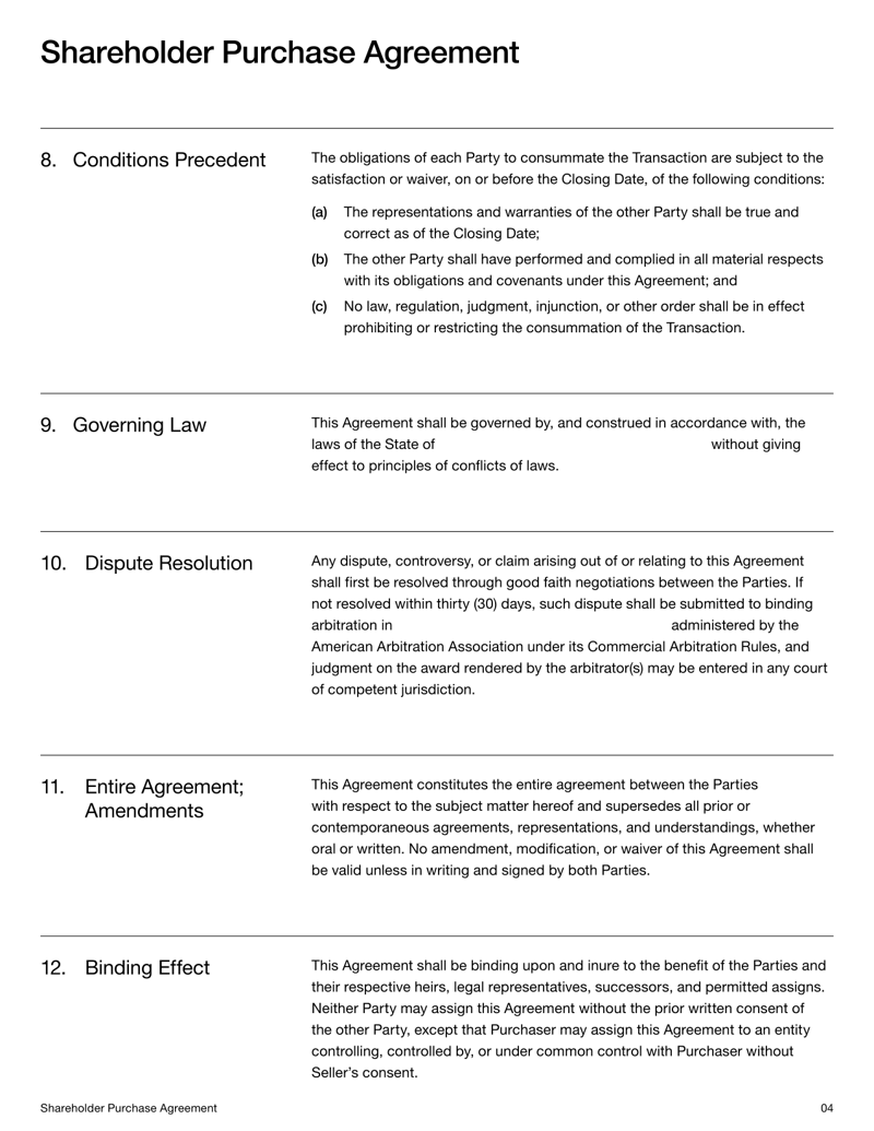 Shareholder Purchase Agreement with sections for share transfer terms, purchase price and dispute resolution