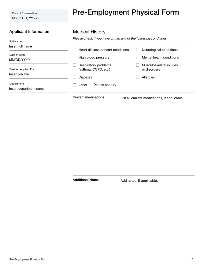 Pre-Employment Physical Form, including sections for applicant medical history, physical exam results, doctor certification and applicant declaration