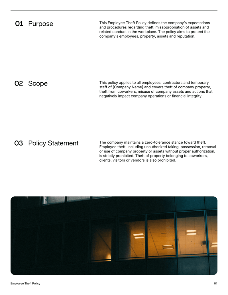 Employee Theft Policy explaining prohibited conduct, reporting procedures and investigation guidelines