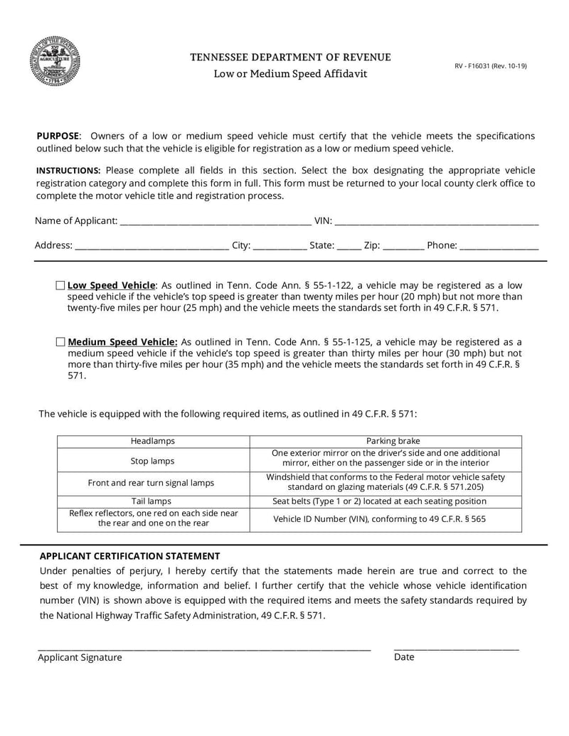 Large thumbnail of Low or Medium Speed Vehicle Affidavit - Oct 2019
