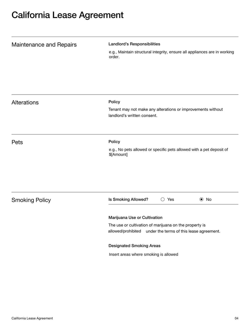California Lease Agreement for rental terms in California