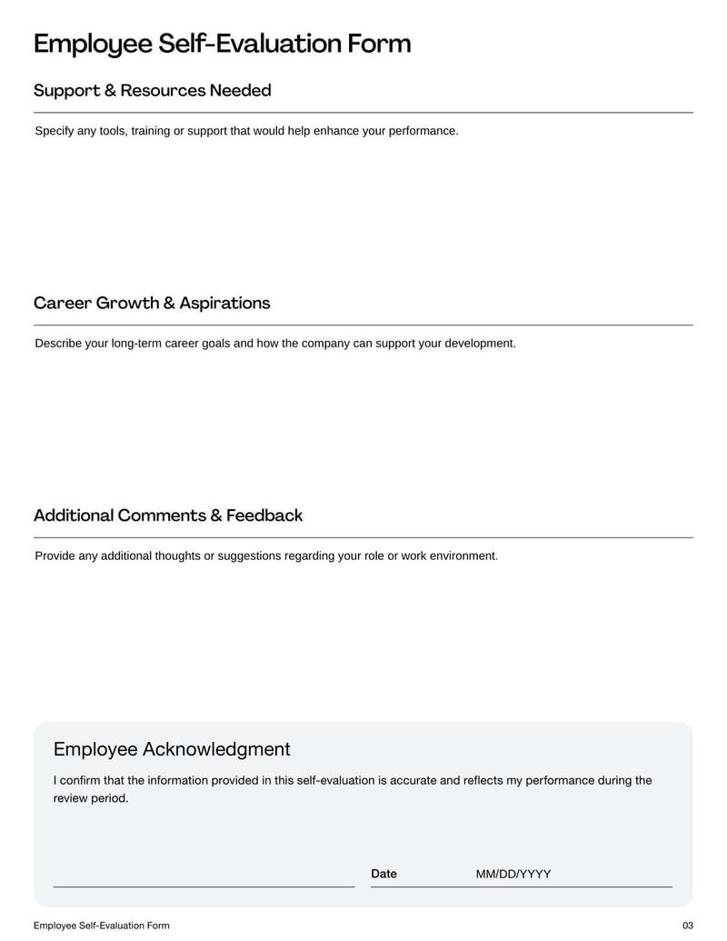 Employee Self-Evaluation Form for assessing personal performance, strengths, and areas for improvement