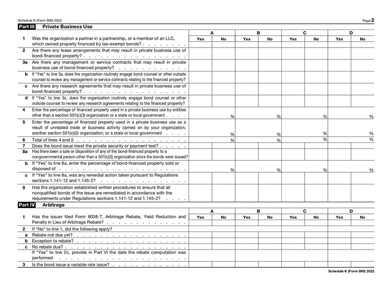 Large thumbnail of Form 990 Schedule K - Jan 2022
