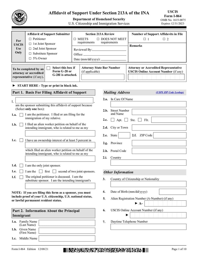 Thumbnail of Form I-864 - Aug 2021 - page 0