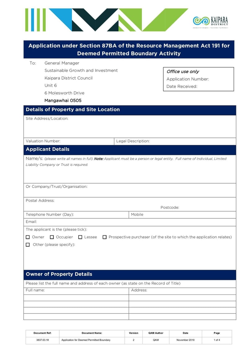 Large thumbnail of Application Under Section 87BA of the Resource Management Act 191 for Deemed Permitted Boundary Activity - Nov 2019
